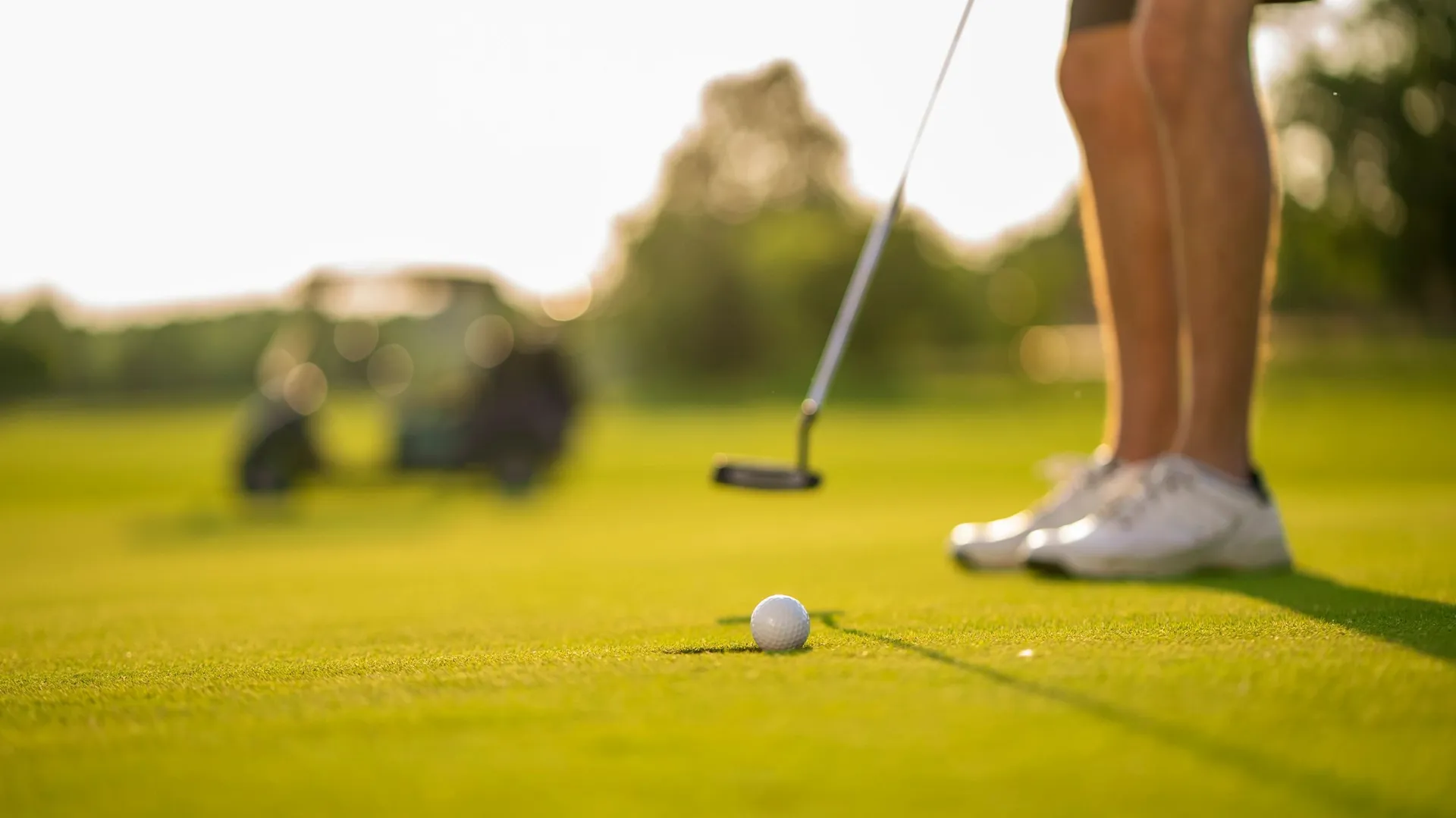 Close up of a synthetic putting green and cup